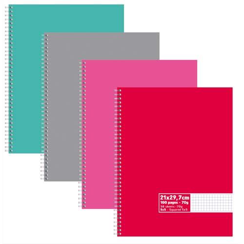 Cahier co - spirales - couvertures carte - 100 pages - 21x29,7 cm - petits carreaux - assortis