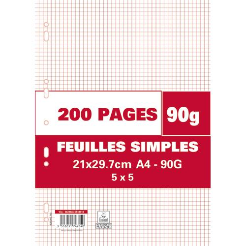 Feuillets mobiles perfors - 90g - 5x5 - 21 x 29,7 cm - papier blanc - tui de 200 pages