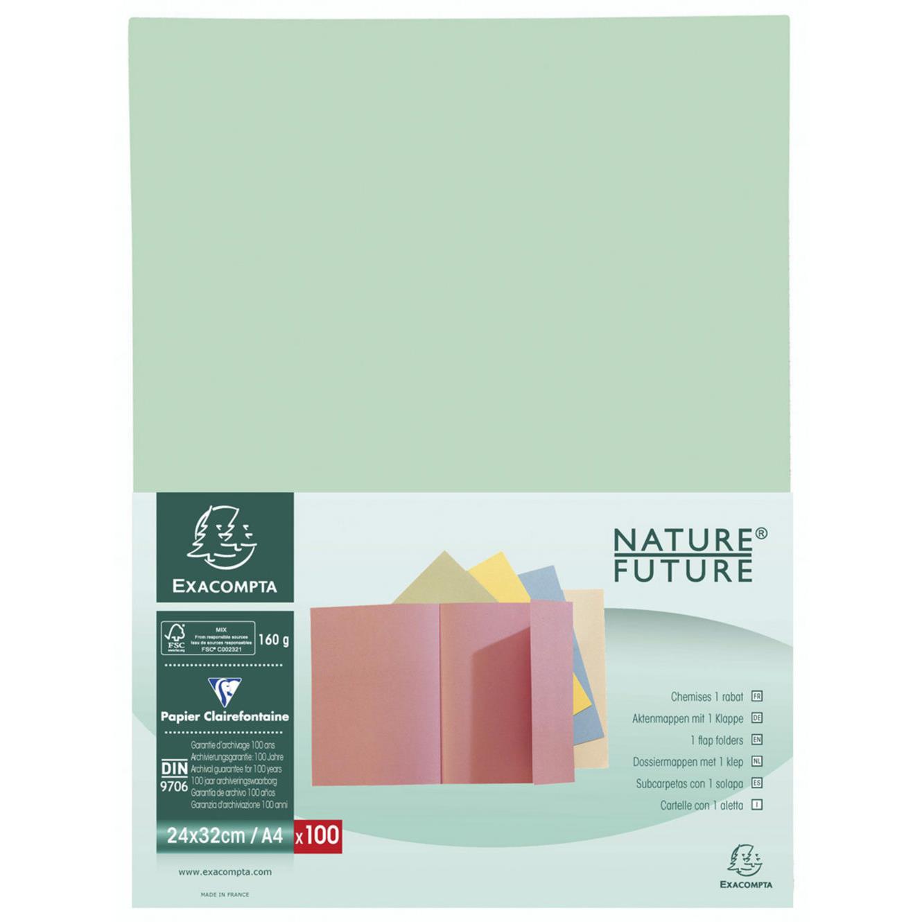 Chemise  rabat Nature Future Jura 160 A4 - 200 feuilles - 240 x 320 mm - carton comprim - vert clair - lot de 100 - paquet 100 units