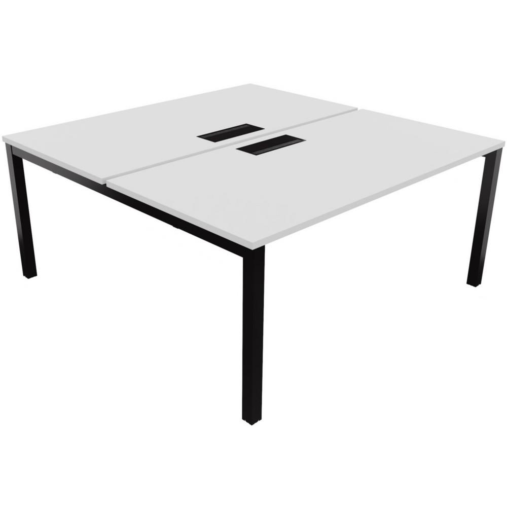 Bureau bench 2 postes Osmose d�part L160 x P163 cm Plateaux Blanc avec trappe d'acc�s aux c�bles Pieds m�tal Noir