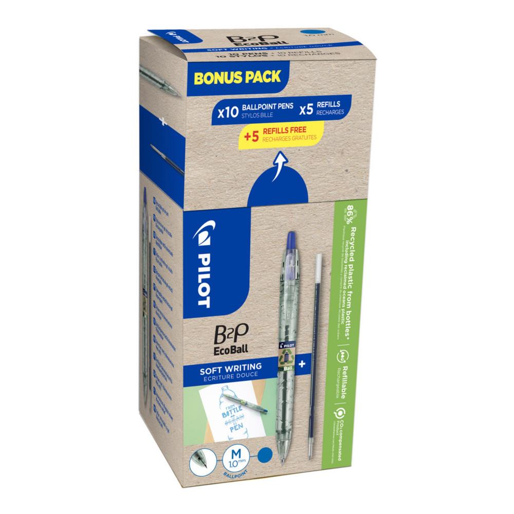 Stylo bille rtractable Pilot Greenpack B2P Ecoball - pointe large 1mm bleu - lot 10 stylos + 10 recharges dont 5 offertes