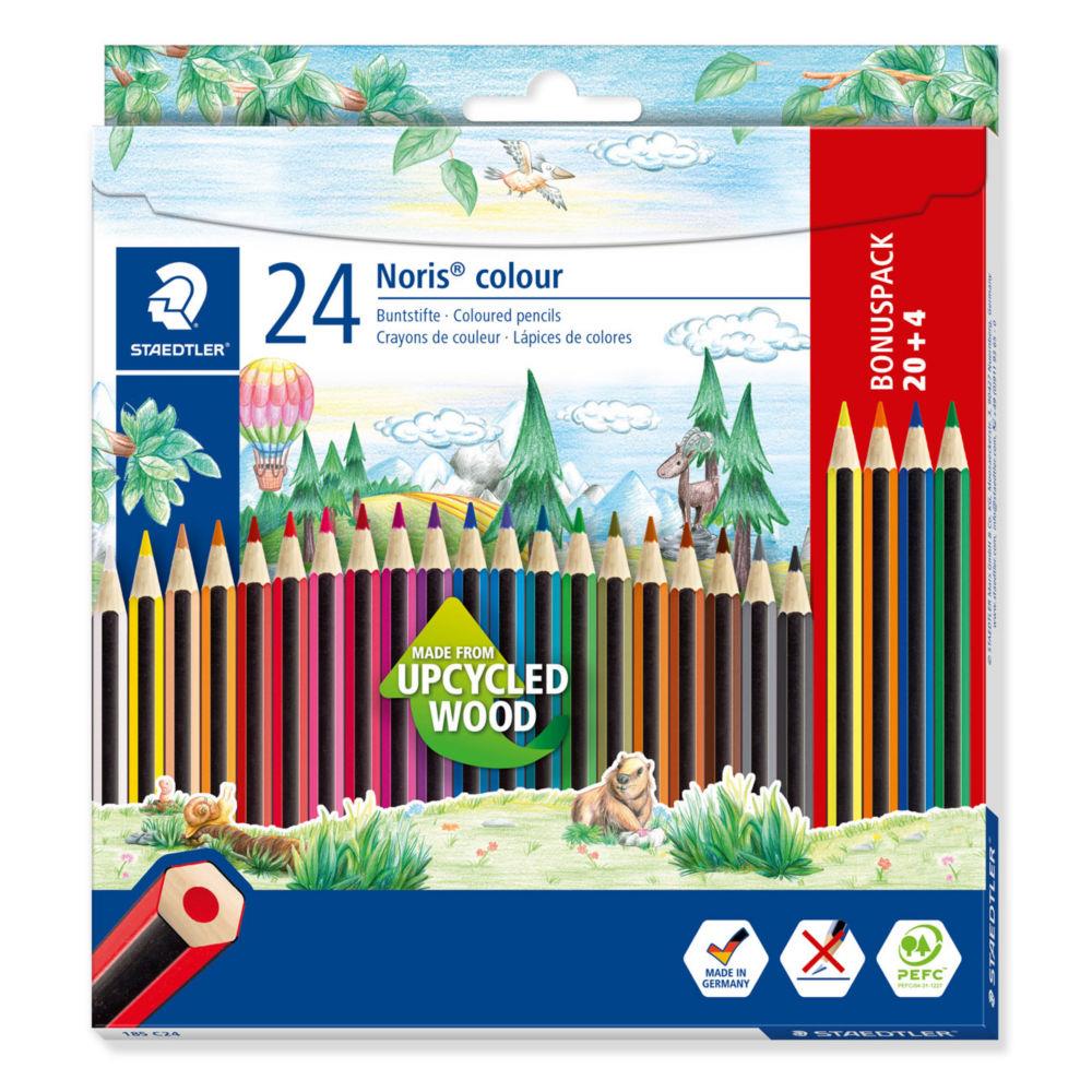 Crayon de couleur Staedtler Noris 185 hexagonal en bois upcycl� coloris assortis - Etui de 20 + 4 offerts