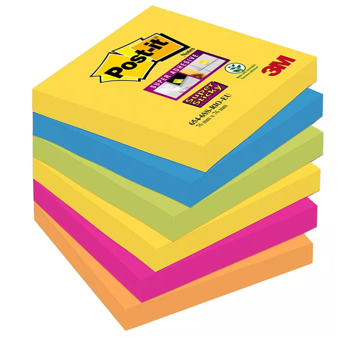 Notes repositionnables Post-it Super Sticky Rectangle Collection Rio de Janeiro, 76 x 76 mm - Lot de 6 blocs de 90 feuilles