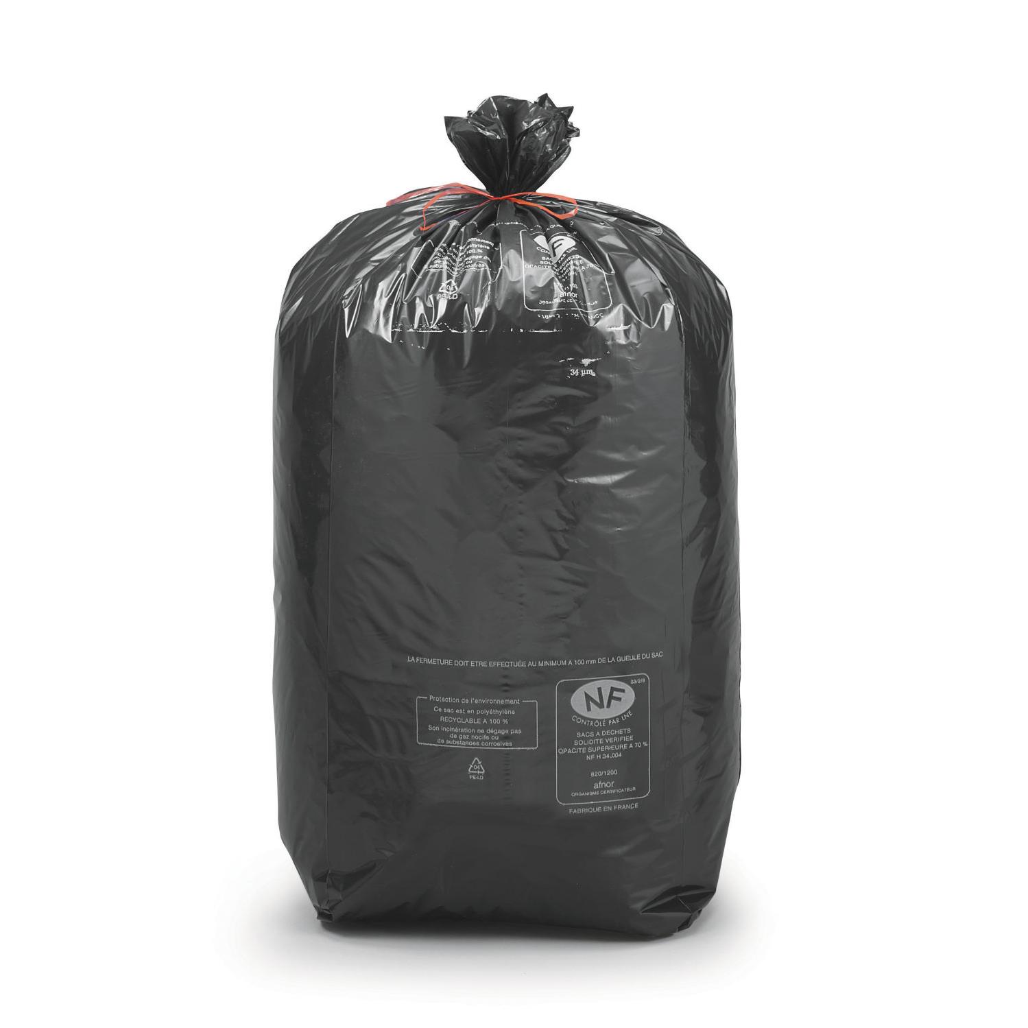 Sac poubelle 100 L noir pour dchets courants en plastique recycl 32 microns - Carton de 250
