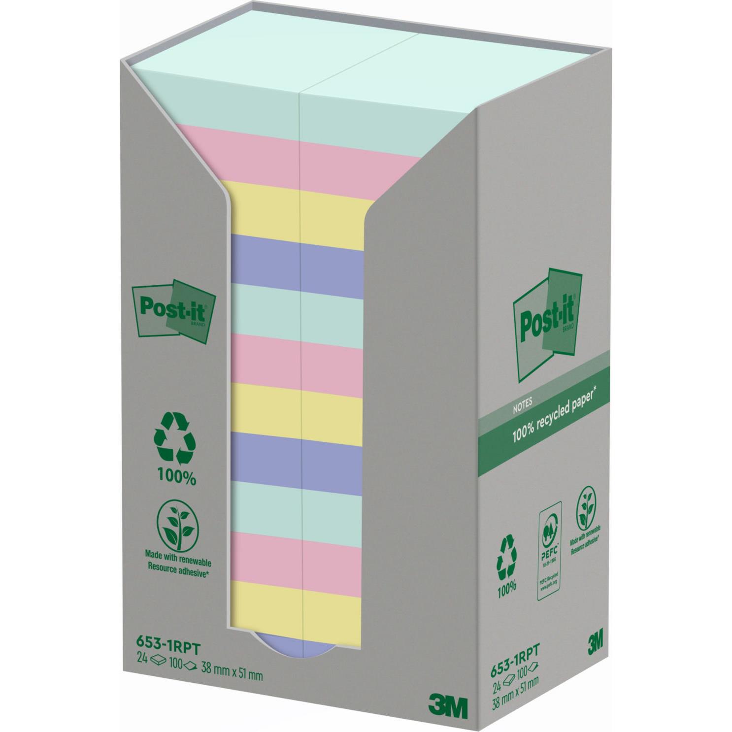 Tour de notes repositionnables Post-it Nature recycls 48 x 48 mm coloris assorties - 24 blocs de 100 feuilles