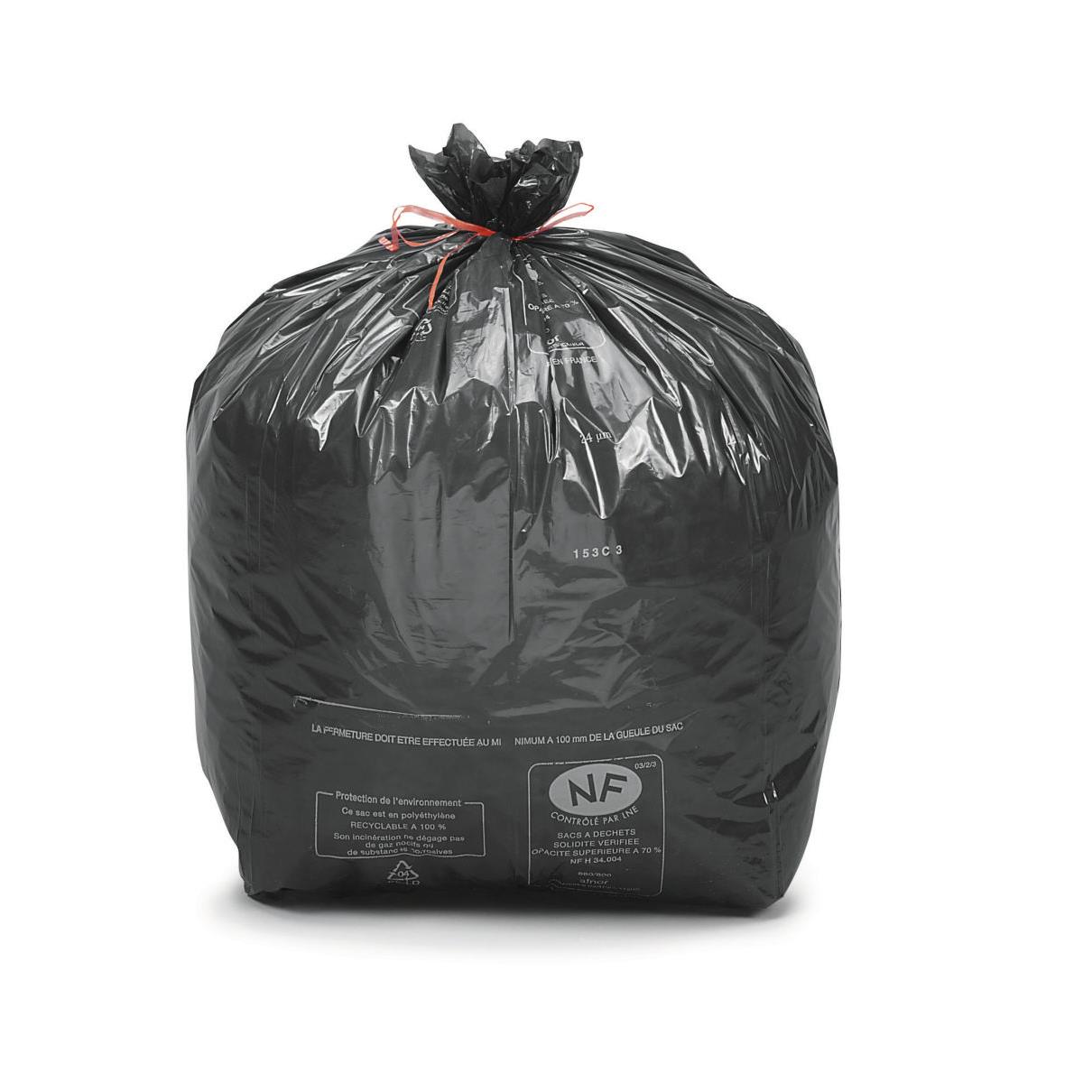 Sac poubelle 50 L pour dchets courants en plastique recycl - 22 microns - diamtre 43,3 x H.80 cm - noir - carton de 500