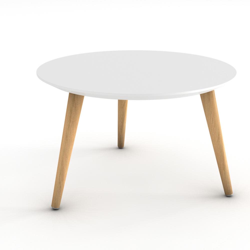 Table basse Olia - plateau rond laqu blanc - 3 pieds bois naturel
