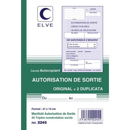 Manifold autocopiant Elve - autorisation de sortie - 21 x 14 cm - 50 feuillets tripli