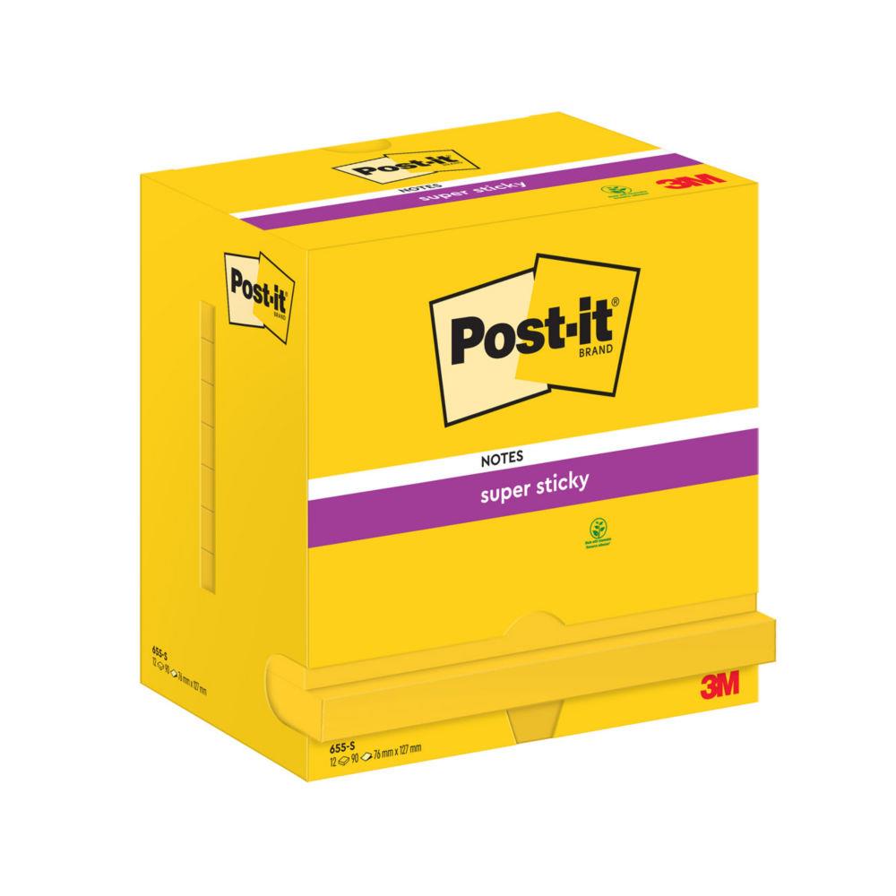 Notes repositionnables Post-it Super Sticky - rectangle - Jaune jonquille - 76 x 127 mm - lot de 12 blocs de 90 feuilles