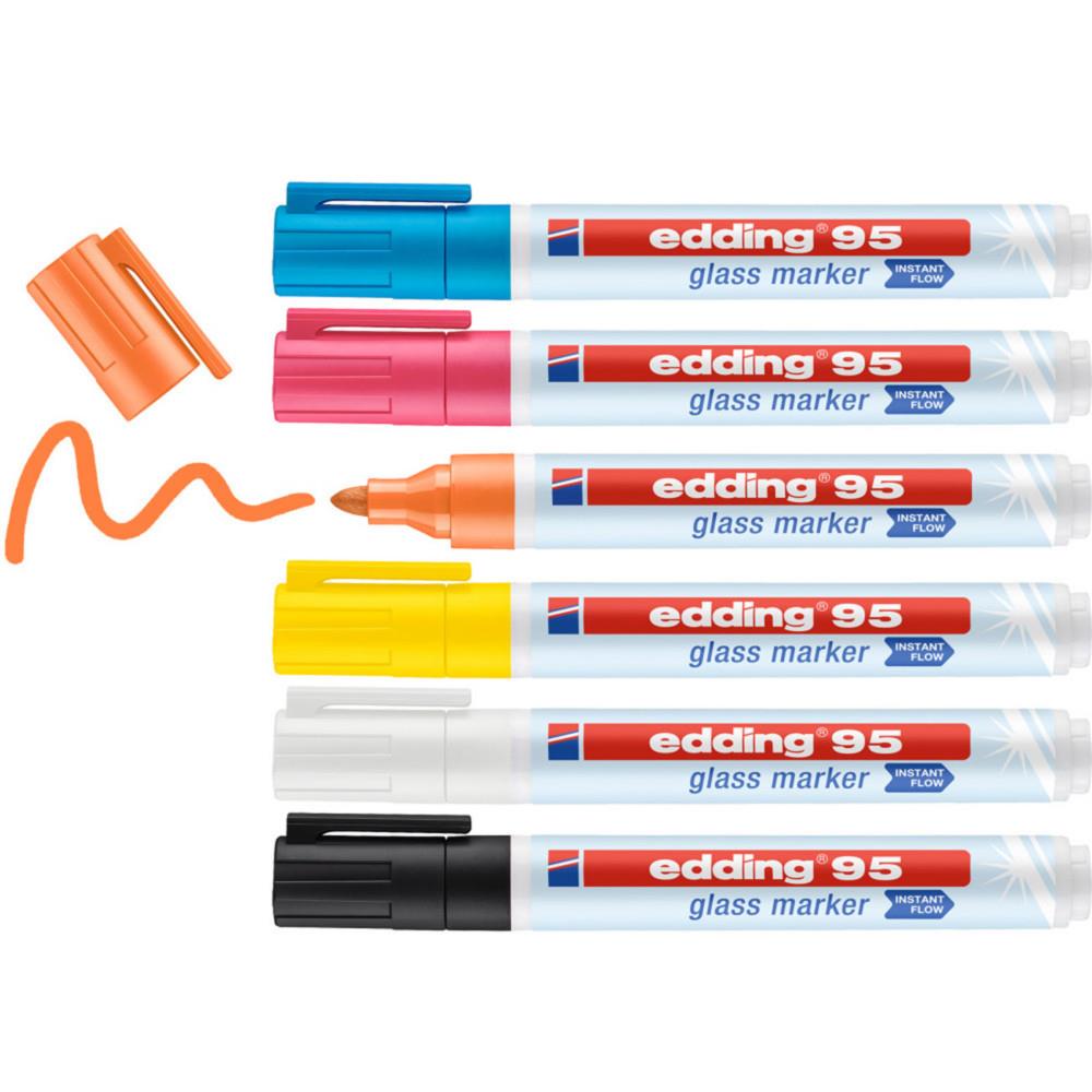 Marqueur Edding 95 pour tableau en verre pointe ogive de 1,5  3 mm - Pochette de 6 assortis