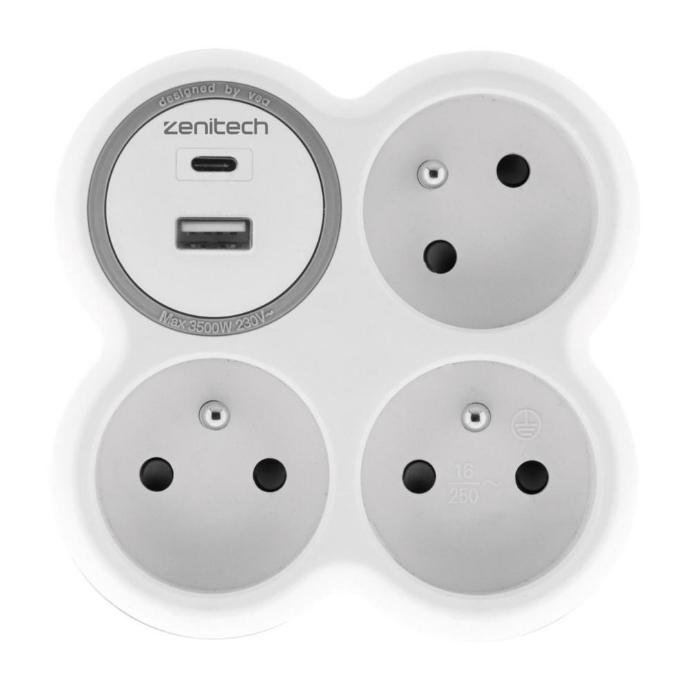 Multiprise murale Zenitech Bloc de 3 prises secteur + 1 prise Chargeur USB-A + 1 USB-C BOLEA - Triplite 16A blanche