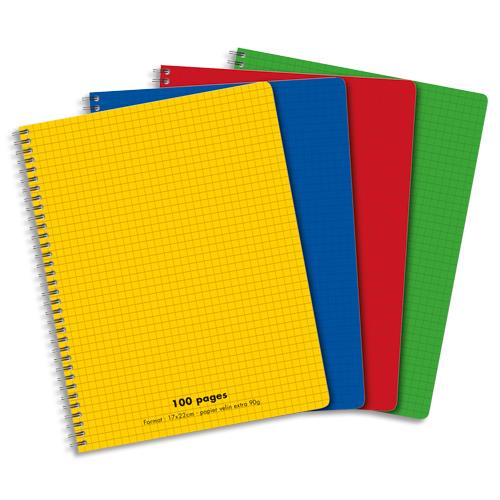 Cahier co - spirales - couverture polypro - 100 pages - 17 x 22 cm - petits carreaux - coloris assortis