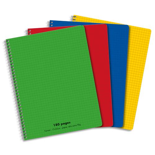 Cahier co - spirales - couverture polypro - 180 pages - 17 x 22 cm - petits carreaux - coloris assortis