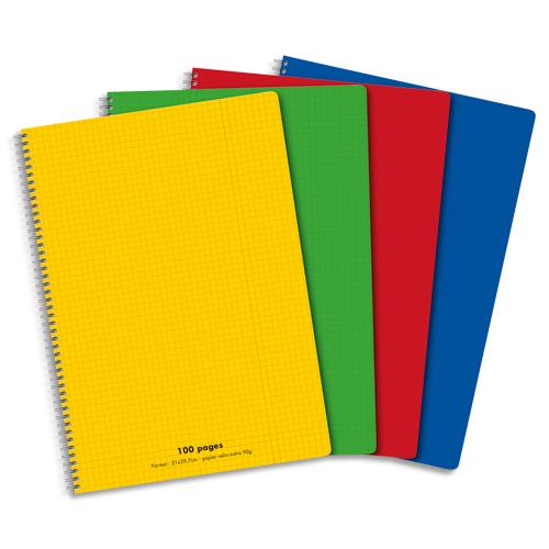 Cahier co - spirales - couverture polypro - 100 pages -  21 x 29,7 cm - petits carreaux - assortis