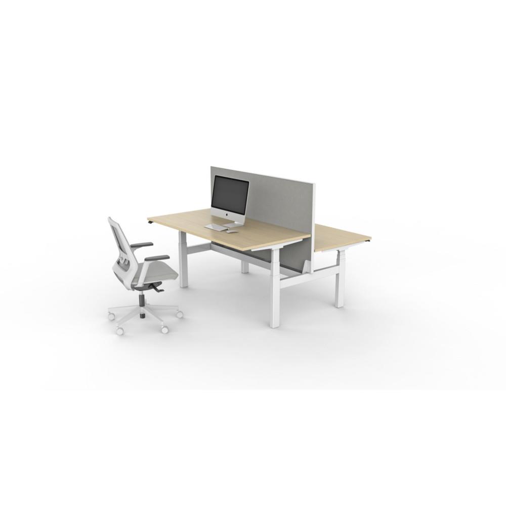 Bureau bench 2 postes assis-debout r�glage �lectrique Java 140 x 166 cm Plateau Ch�ne Pi�tement Arche Blanc
