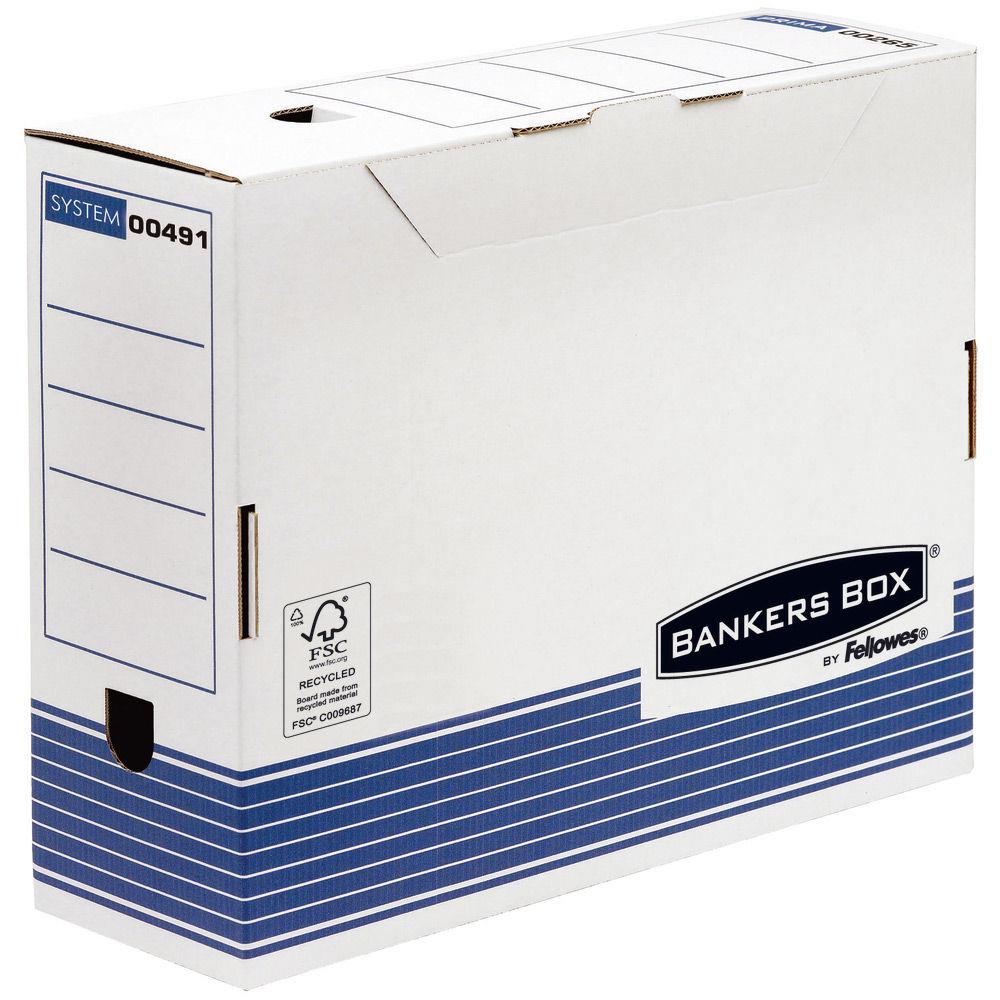 Bote archives carton Bankersbox - pour format A4 -210 x 297 mm - H. 265 mm x l. 111 mm x P. 327 mm - Blanc / Bleu - 100 % recyclable - Montage automatique - Lot de 10