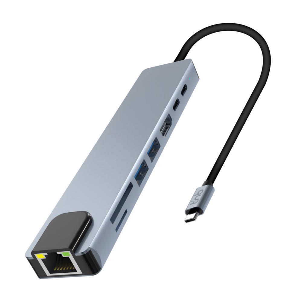 HUB Iclick TNB USB-C 8 en 1 - Port RJ45 / HDMI / USB-A / USB-C et lecteur de cartes SD et Micro SD