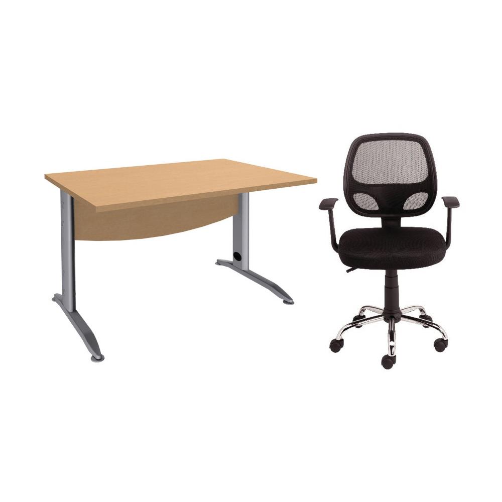 Pack Impact mtal 2 - 1 bureau droit plateau htre - pieds L  aluminium - L 120 x P 80 x H 72 cm  - 1 fauteuil Tami- tissu,maille filet dossier H 46 cm noir