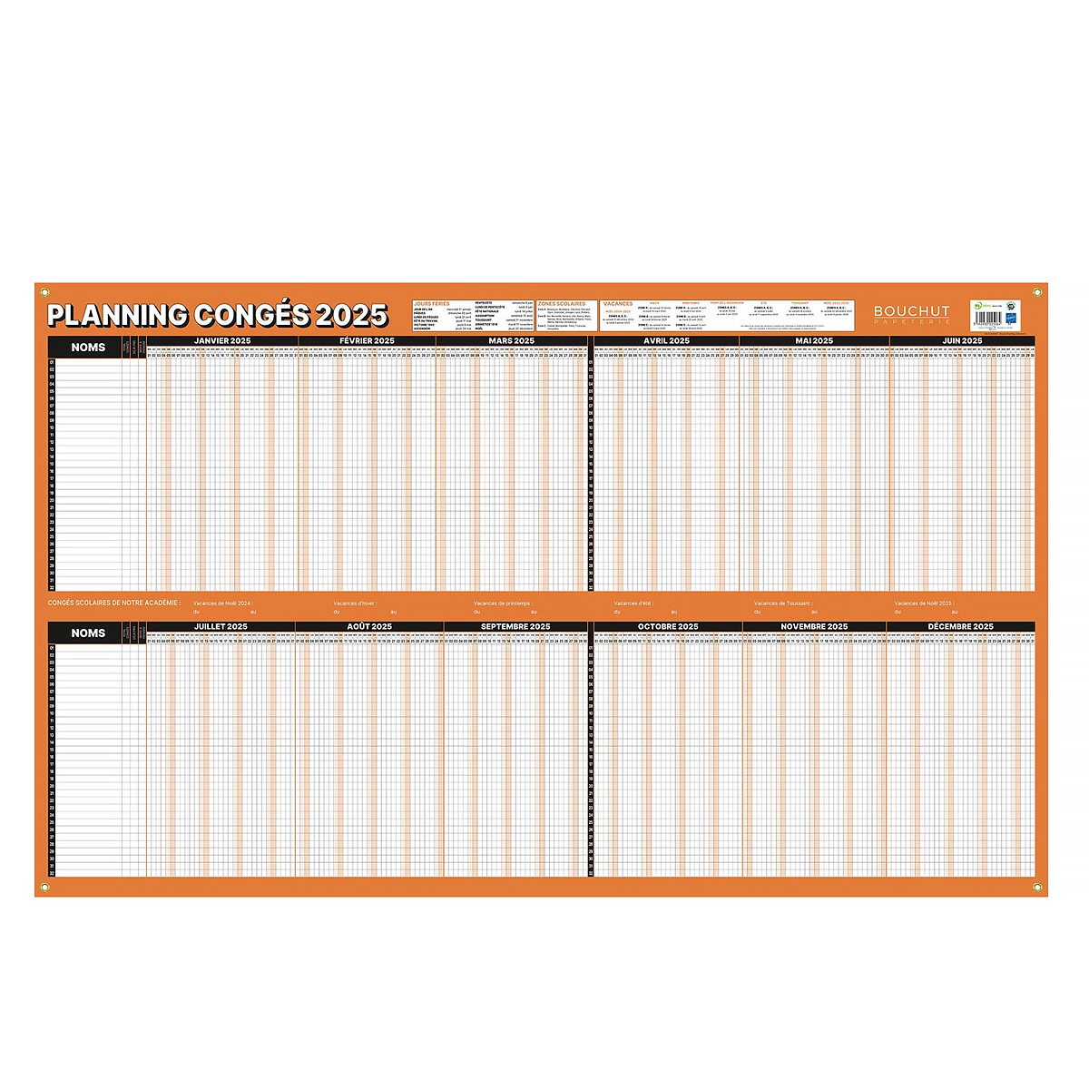 Tableau planning annuel Bouchut - congs et absences - effaable  sec 60 x 99 cm
