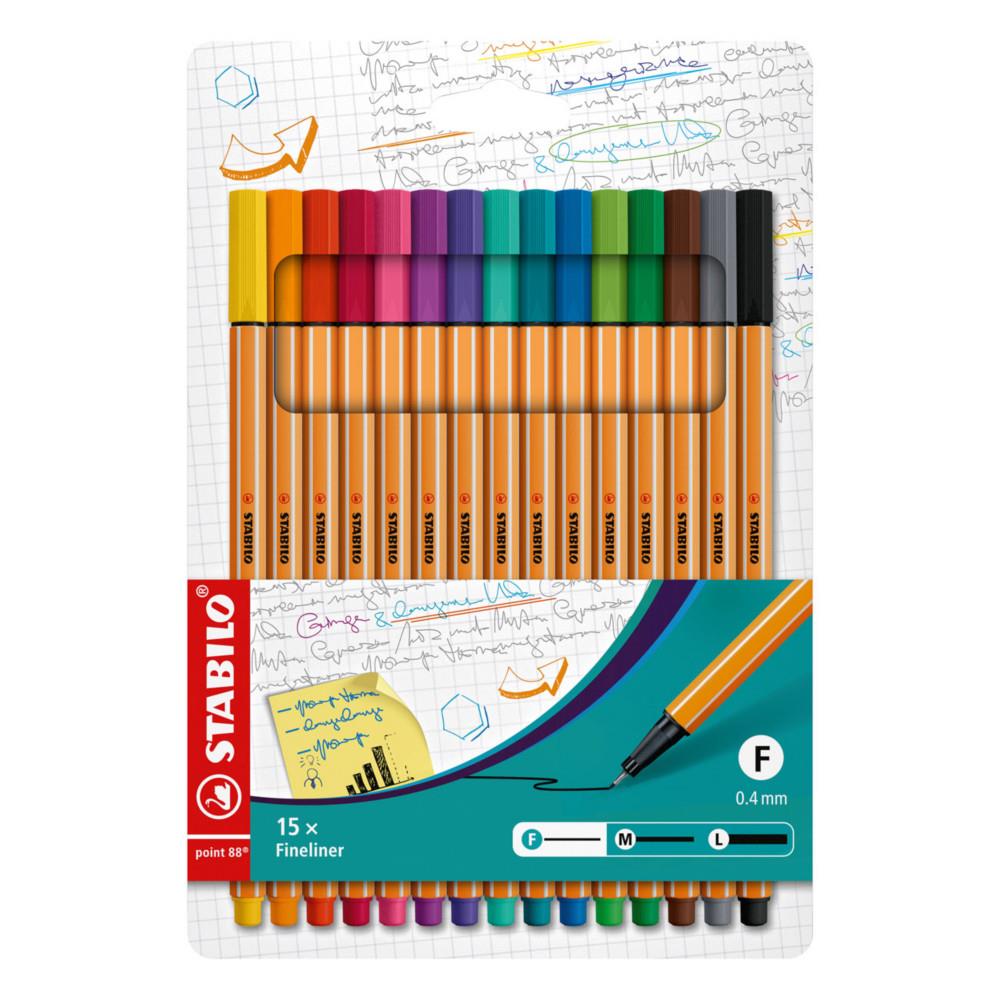 Stylo-feutre Stabilo Point 88 pointe fine - Pochette de 15 coloris d'encre assortis