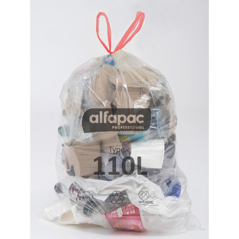 Sac poubelle transparent recycl� 110L - Sac � d�chets Alfapac avec lien coulissant - Lot de 180