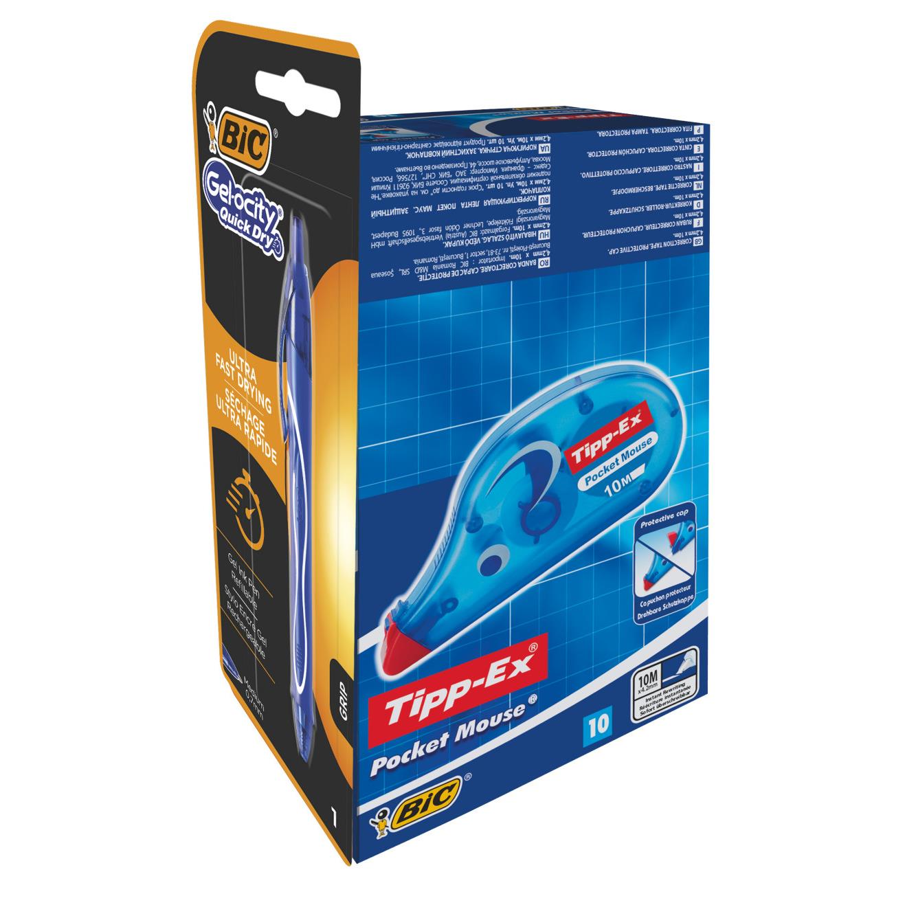 Roller de correction Tipp-Ex Pocket Mouse 4,2mm x 10m - bleu translucide - pack de 10 rollers + 1 stylo Gel-ocity Quick Dry OFFERT - paquet 11 units