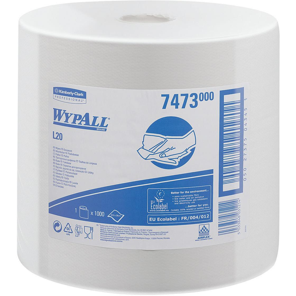 Papier d'essuyage  dvidage central Wypall L20, simple paisseur, 1000feuilles, 236 mm - Blanc - Lot de 2