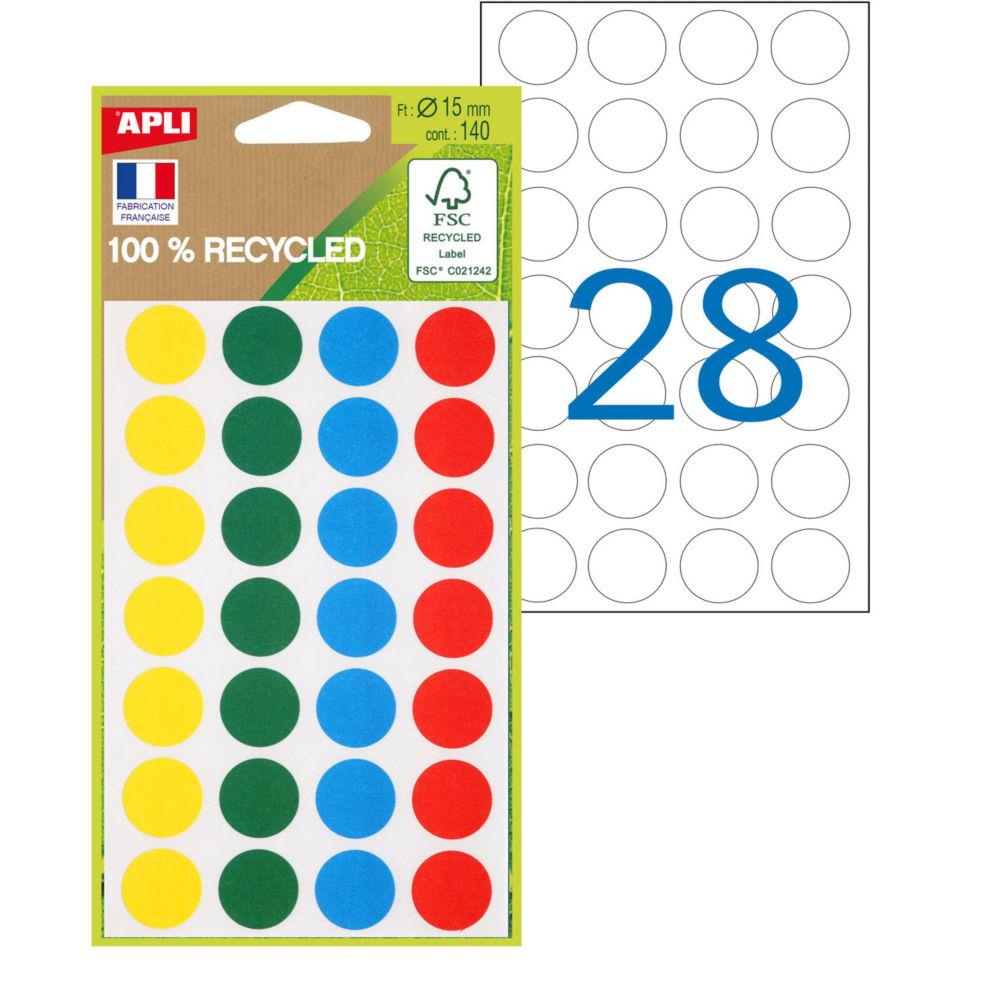 Pastilles adhsives recycles Apli - diam.15 mm coloris Assortis - Pochette de 140