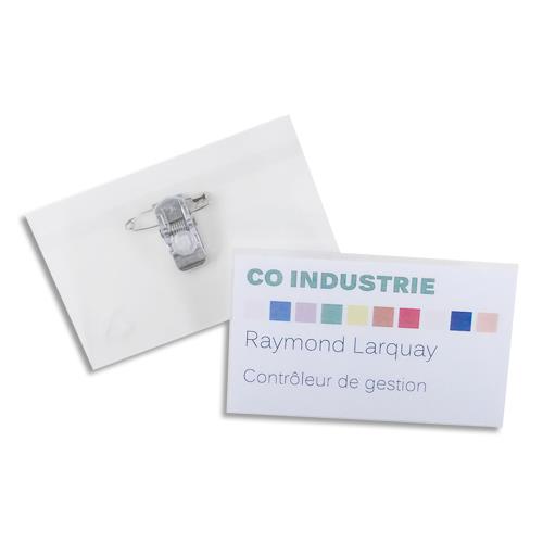 Badge transparent pince + pingle - format horizontal 5,4 x 9 cm - boite de 50