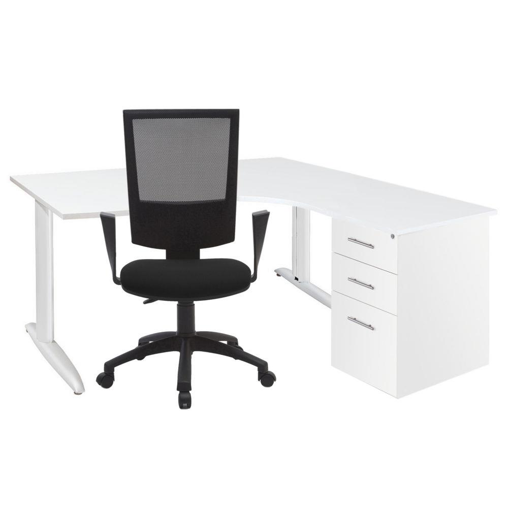 Poste de travail complet Tempo - bureau compact retour � droite blanc  - caisson hauteur bureau blanc et si�ge noir