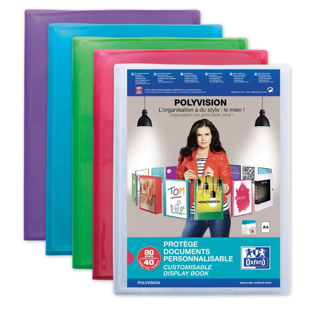 Protge document Elba - transparent et personnalisable - 40 pochettes 80 vues - pour format 21 x 29.7 cm - 4 couleurs : Bleu, incolore, mandarine, vert
