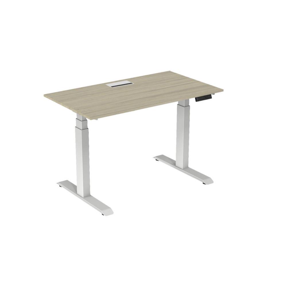 Bureau �lectrique hauteur r�glable Nova L140 cm plateau avec top access Ch�ne - pieds m�tal Blanc