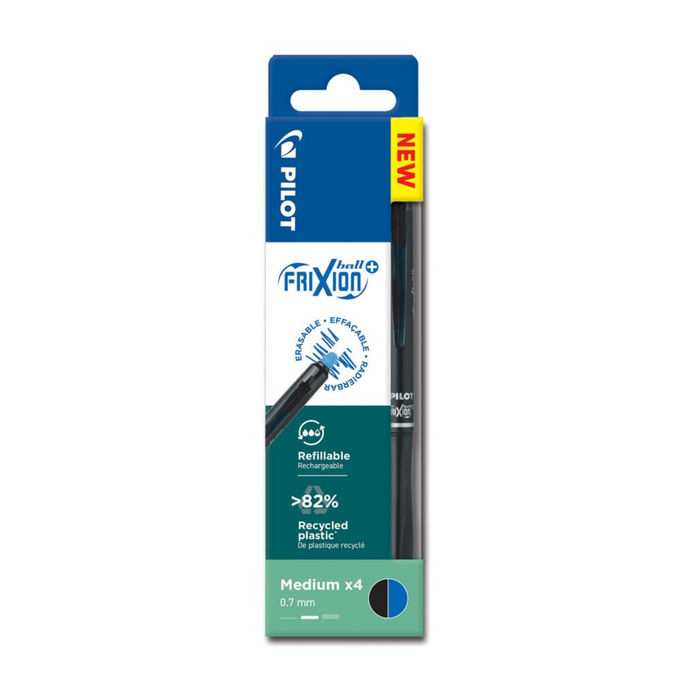 Plus FriXion Ball Pilot - Pilot Stylo roller encre gel effa�able et rechargeable - Pointe moyenne - Pochette de 4 bleu/noir