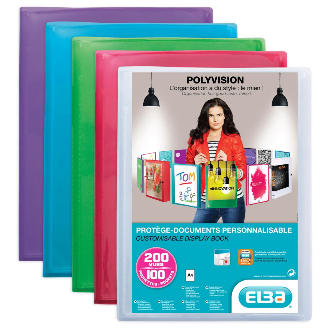 Protge documents personnalisable Transparence  de Elba - 100 pochettes - 200 vues - coloris assortis