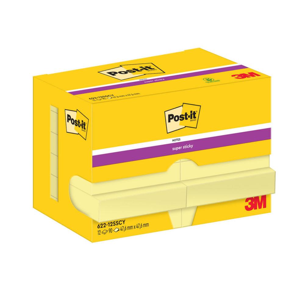 Notes repositionnables Post-it Super Sticky - carr - Jaune canari - 51 x 51 mm - lot de 12 blocs de 90 feuilles