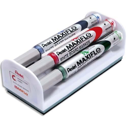 Kit brosse magntique +  4 marqueurs pour tableau blanc - pointe conique moyenne - coloris assortis