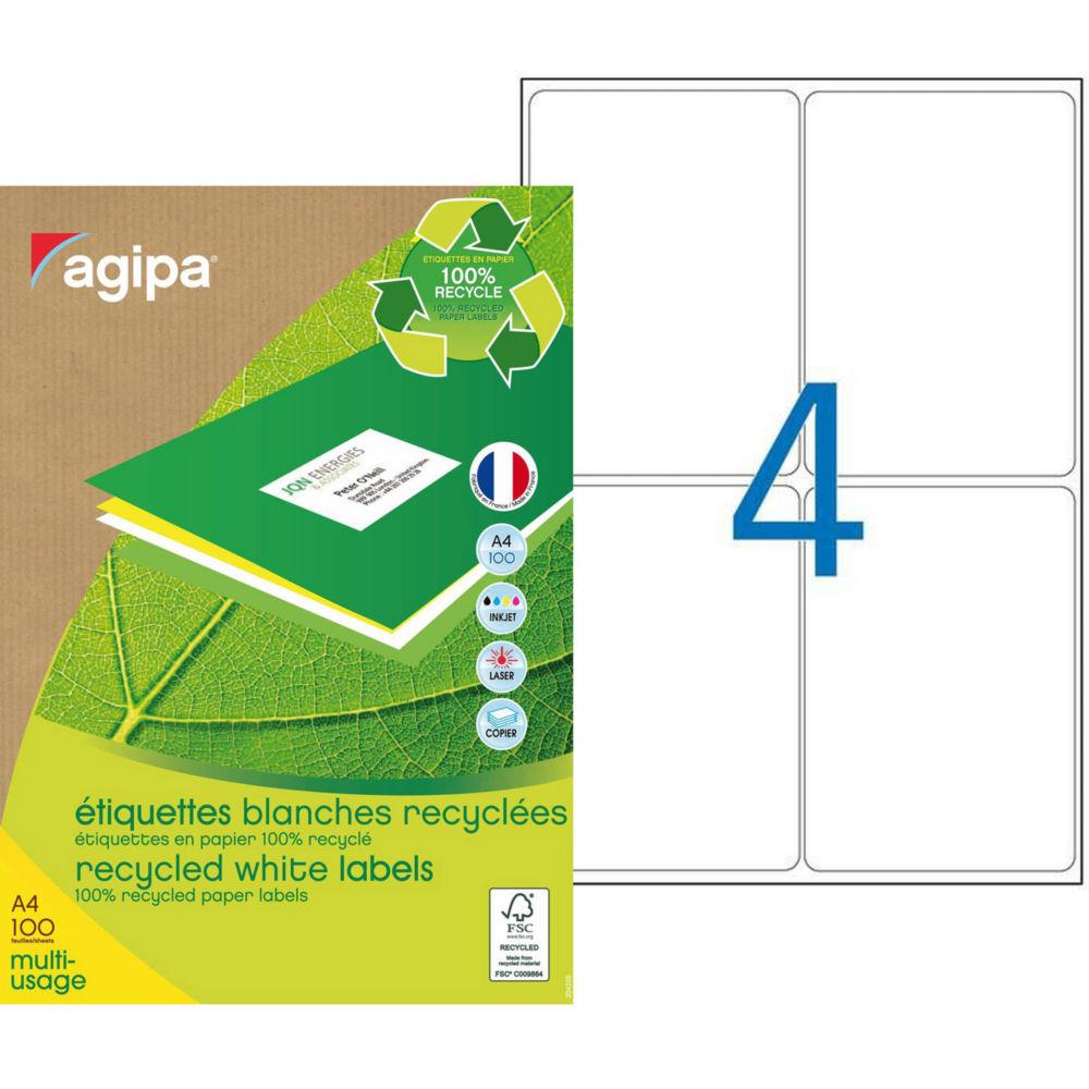 Etiquettes adresses recycles blanches Apli - 99,1 x 139 mm - 100 feuilles A4 - 400 tiquettes par bote