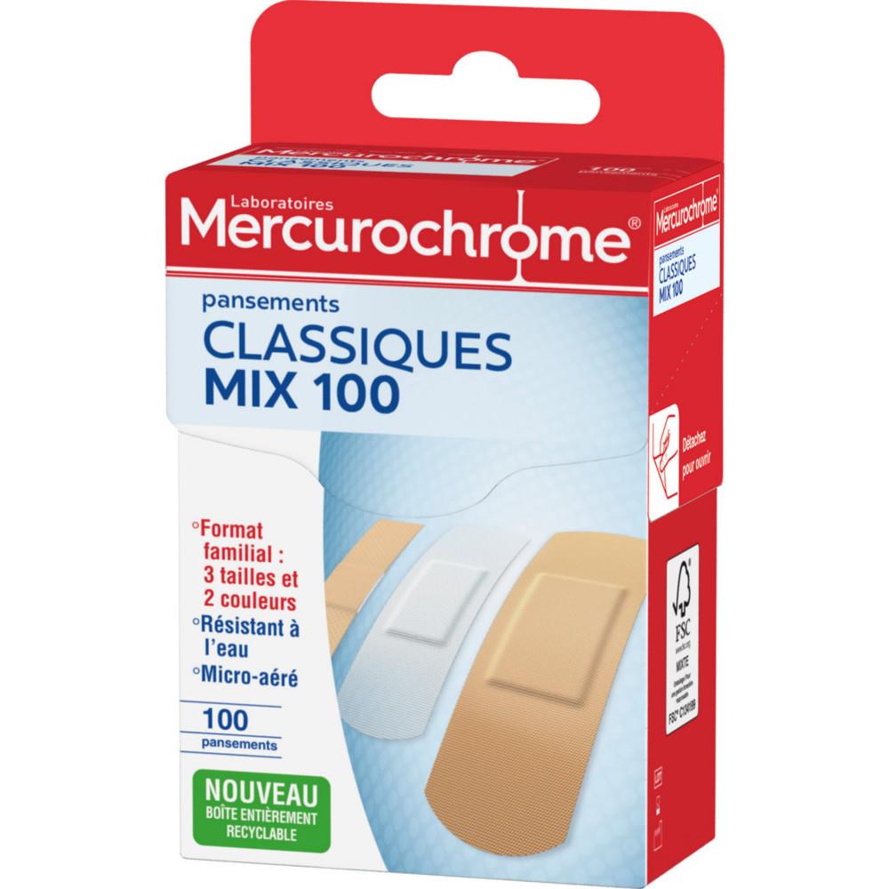 Pansements classiques Mecurochrome - R�sistant � l'eau - 3 tailles et 2 couleurs - Coffret multi-usages Mix - Bo�te de 100