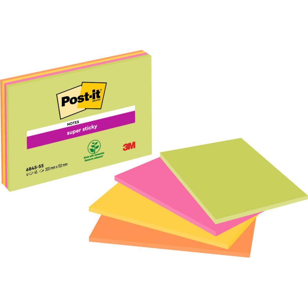 Notes Super Sticky Post-it - format XL 14,9 x 20 cm - coloris nons assotis - lot 4 blocs 45 feuilles