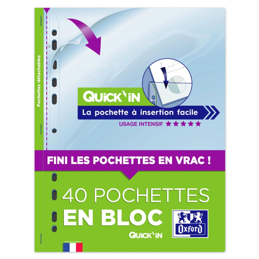 Pochettes perfores Oxford Quick'In A4  - en polypropylne lisse 9/100 - transparentes - bloc 40 feuilles