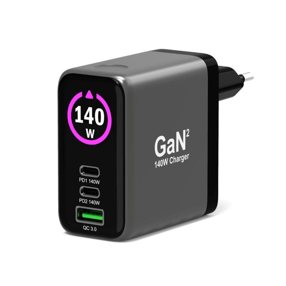 Chargeur mural Port Connect GAN� 140W avec �cran - 2x USB-C et 1x USB-A + C�ble USB-C / C - Noir