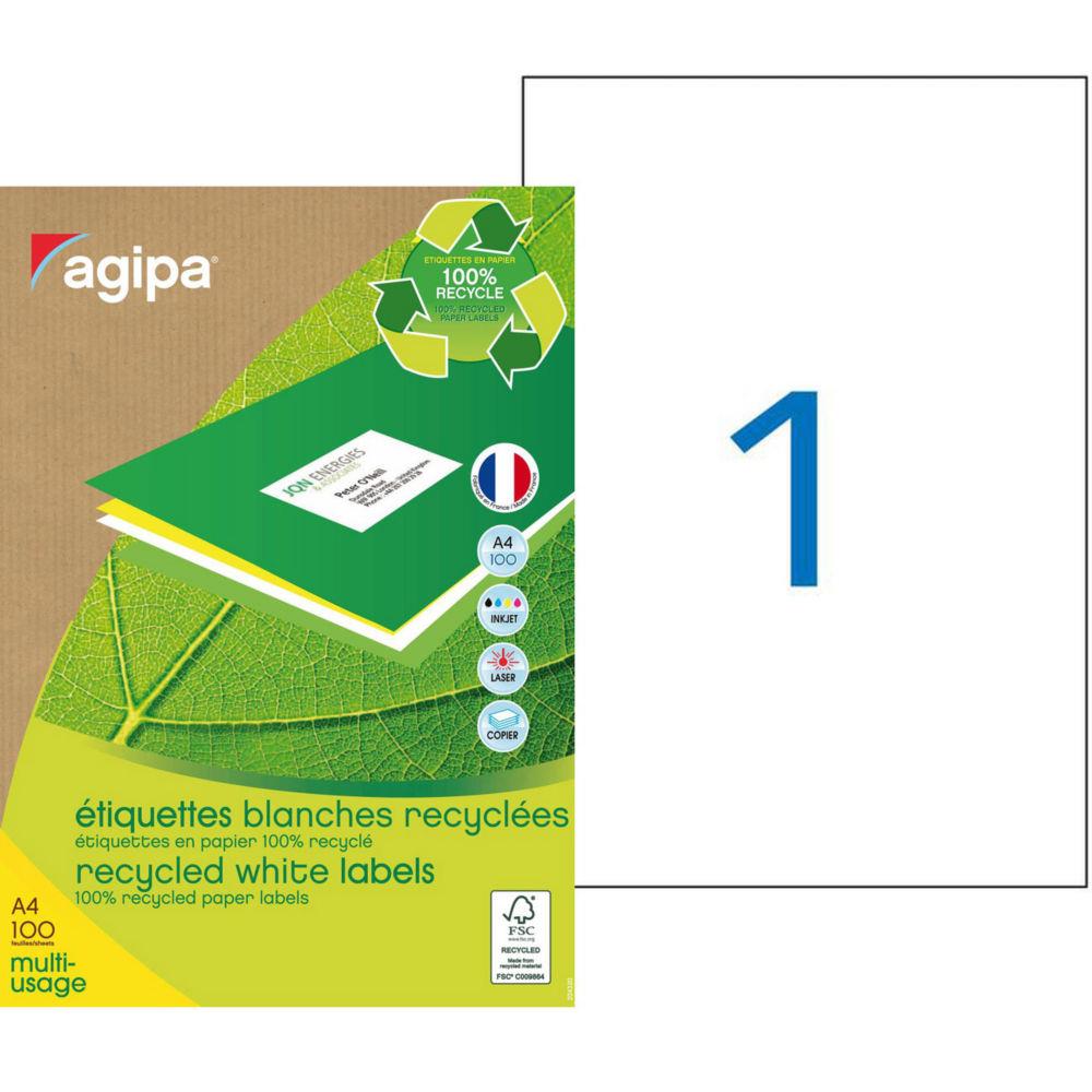 Etiquettes adresses recycles blanches Apli - 210 x 297 mm - 100 feuilles A4 - 100 tiquettes par bote