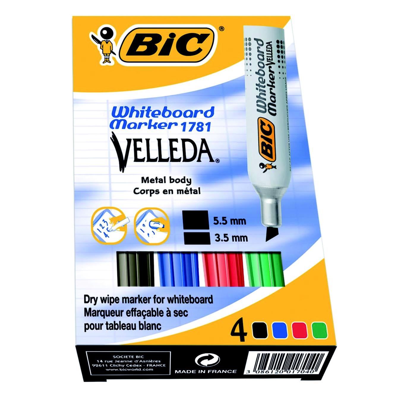 Pochette de 4 Bic Velleda 1781 - marqueur effaables  sec - pointe bisaute - coloris assortis