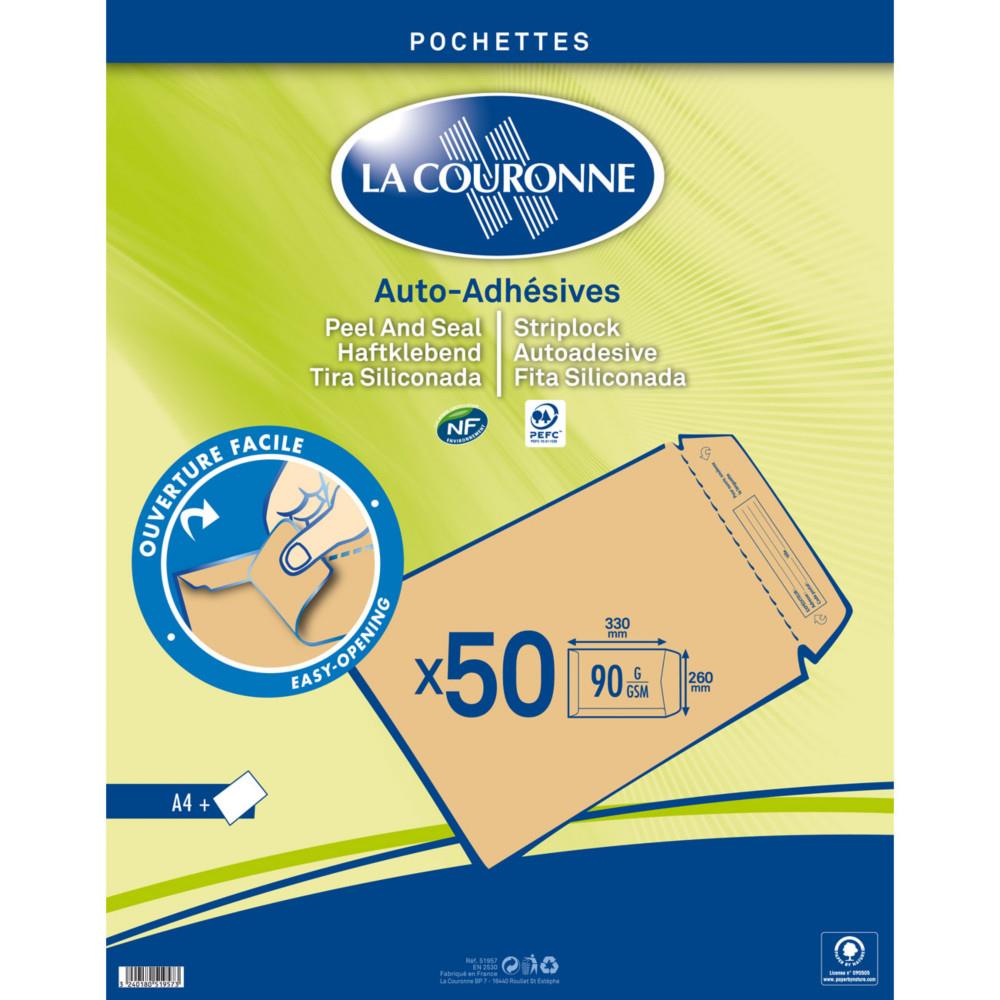 Pochette kraft brun La Couronne 260 x 330 mm 90g sans fentre - autocollante bande silicone - Lot de 50