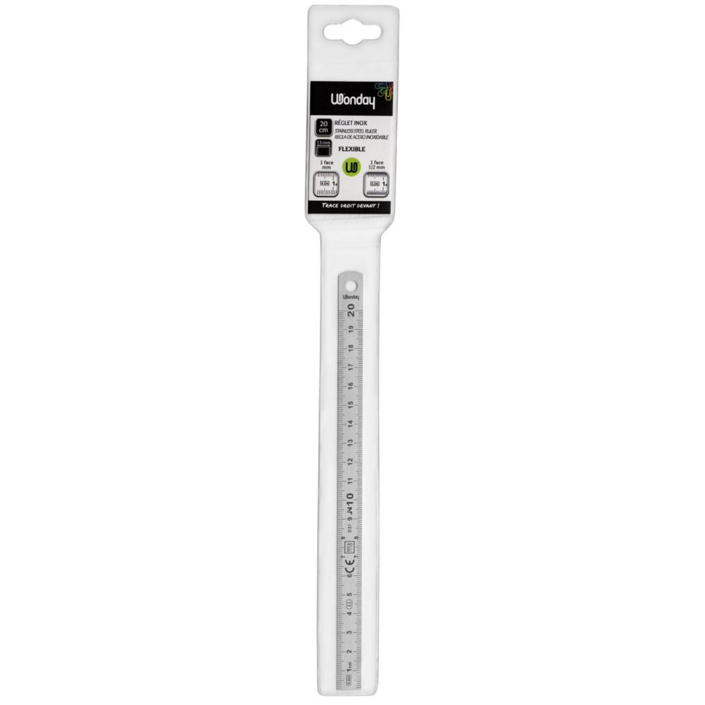 R�glet inox Wonday flexible 2 faces - 1 face en mm et 1 face en 1/2 mm. Longueur 20 cm