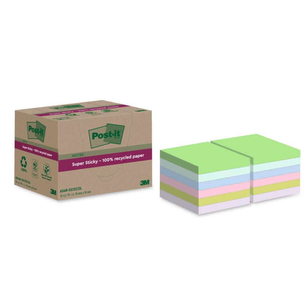 Notes repositionnables recycles Post-it Super Sticky 76 x 76 mm - Coloris assortis - 12 blocs de 70 feuilles