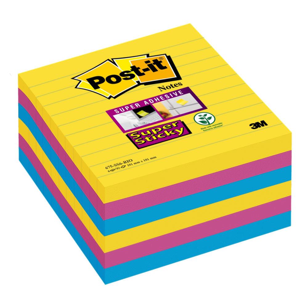 Notes Post-it Super Sticky lignes - grand format 10 x 10 cm - coloris assortis rio - lot de 6 blocs de 90 feuilles