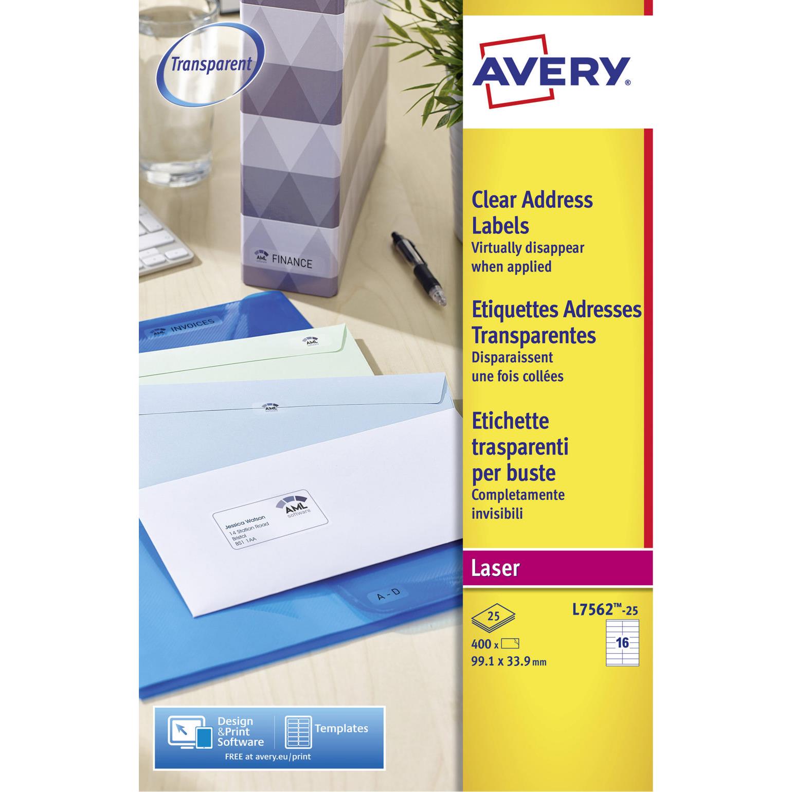 tiquettes d'expdition Avery pour imprimantes laser - 99,1 x 33,9 mm - 25 feuilles - 16 tiquettes par feuille - auto-adhsives - transparentes - paquet 25 feuilles