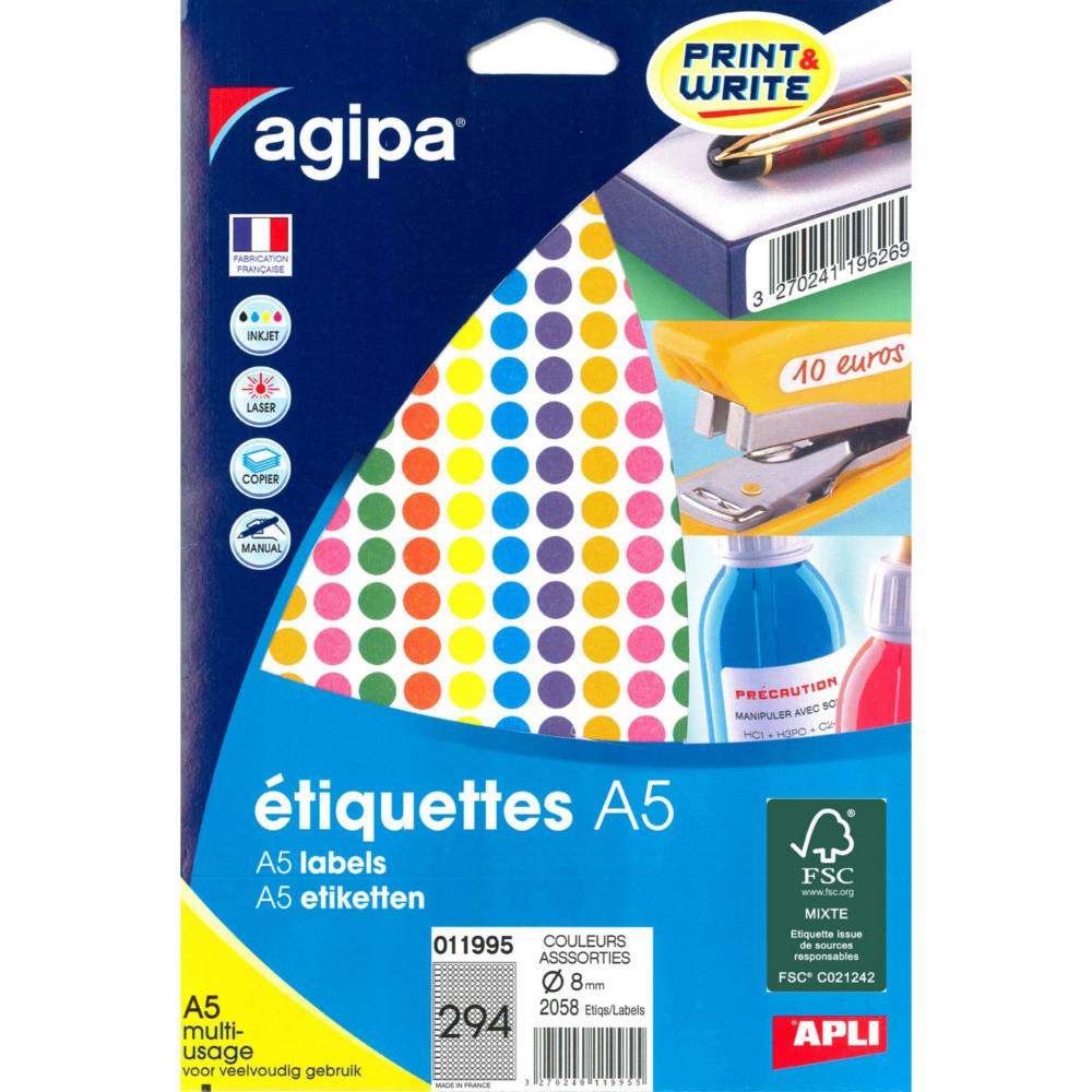 Pastilles adh�sives Agipa rondes o 8 mm - 11995 - A5 - Pochette de 7 feuilles de 294 - 2058 �tiquettes - Assorties