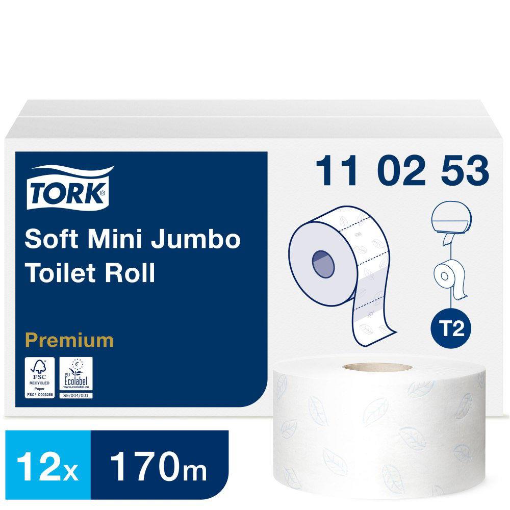 Colis de 12 bobines de papier toilette Tork Premium mini Jumbo 110253 - 2 plis - longueur de 170 m - pour TORK T2